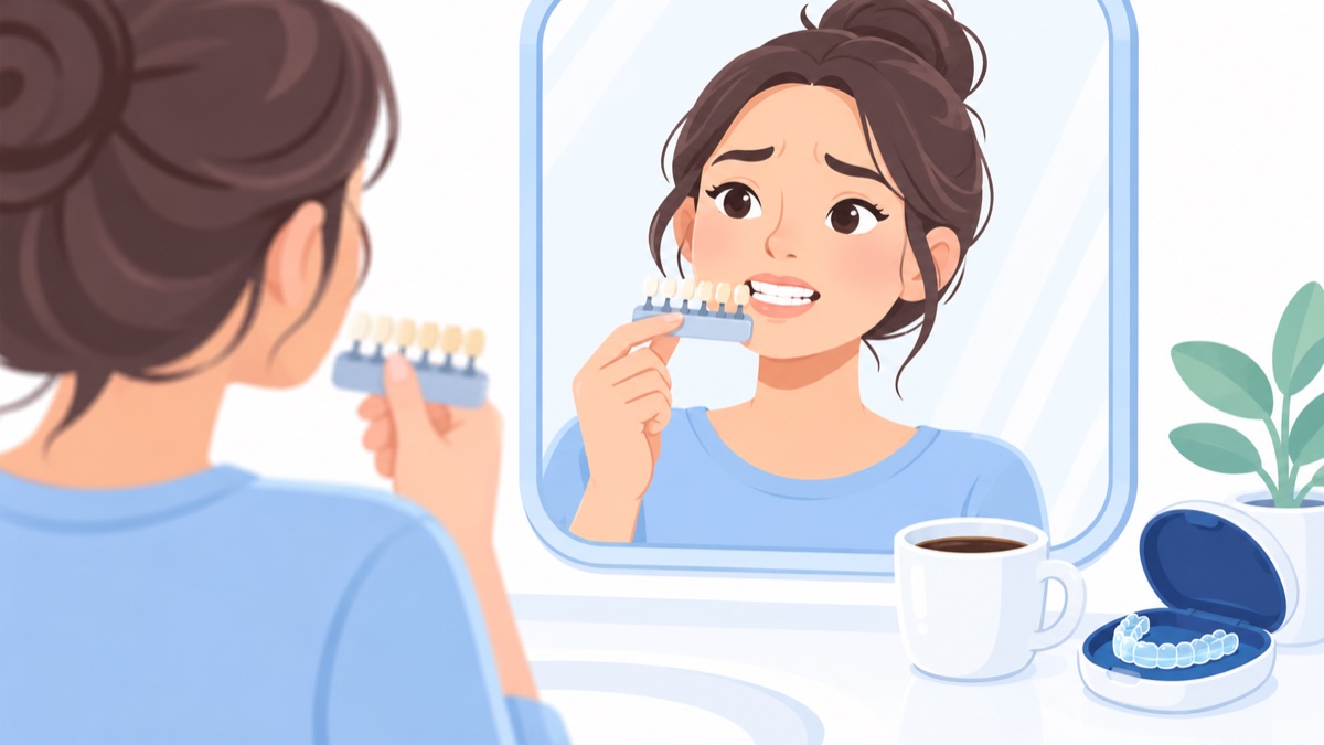 鏡の前で歯の色見本を持ち、ホワイトニングの仕上がりに少し残念そうな女性(イラスト)