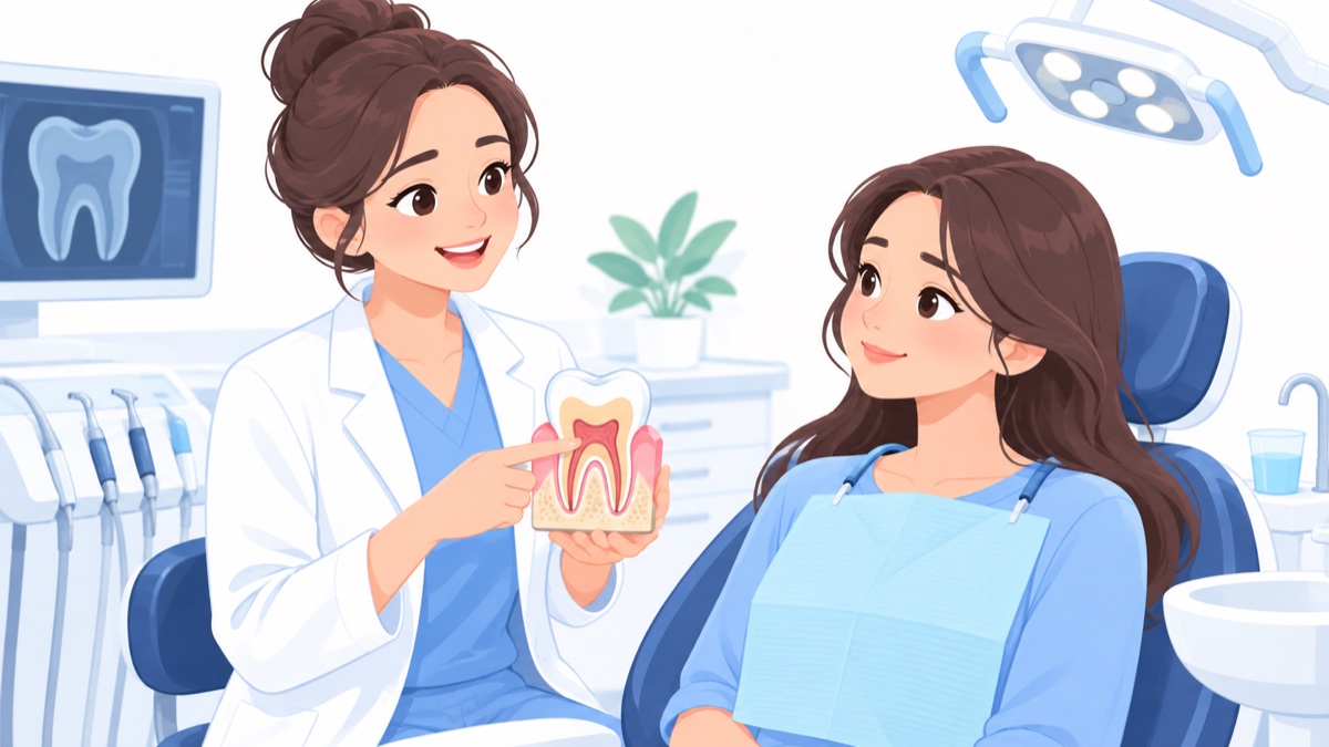 歯科医師が歯の模型を手に患者さんへ説明している診療室の様子（イラスト）